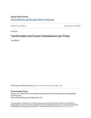 Transformation and Closure in Renaissance Lyric Poetry