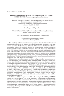 87 Observed Abnormalities of the Endangered KEY Largo Cotton Mouse (Peromyscus Gossypinus Allapaticola) 1Florida Fish and Wildli