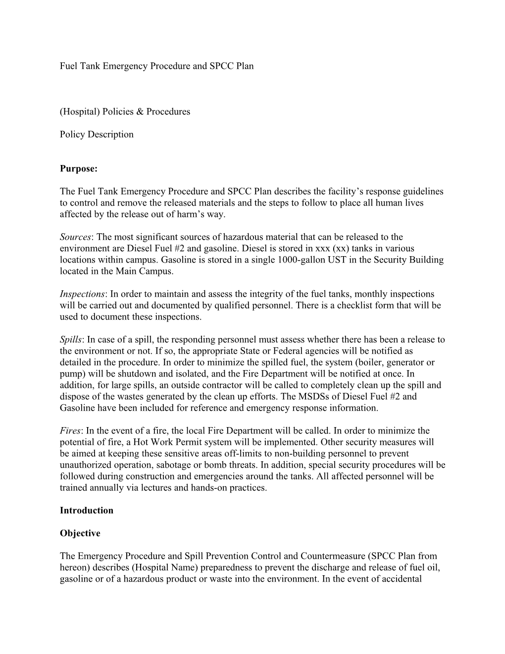 Fuel Tank Emergency Procedure and SPCC Plan