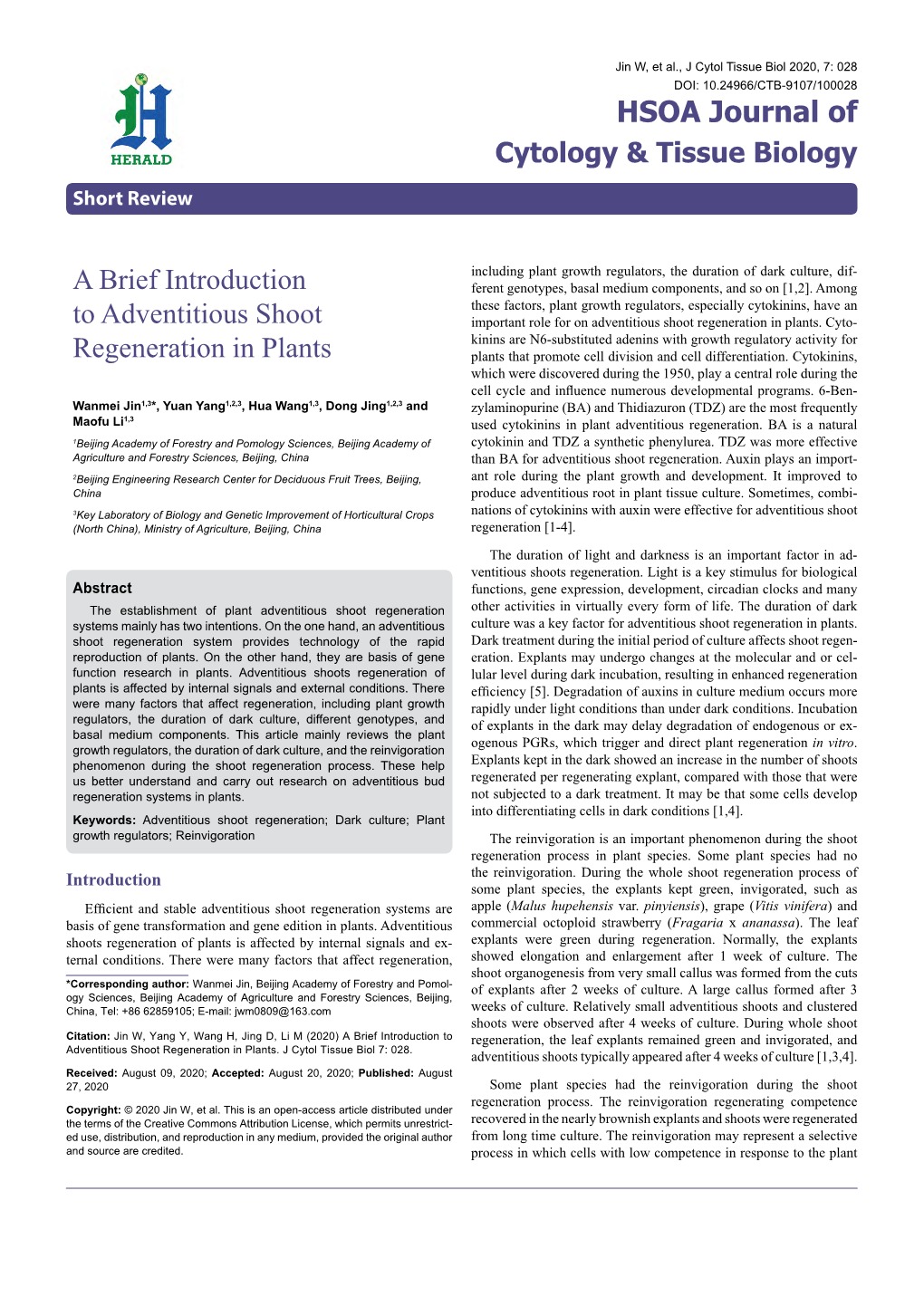 A Brief Introduction to Adventitious Shoot Regeneration in Plants