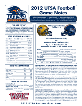 2012 UTSA Football Game Notes