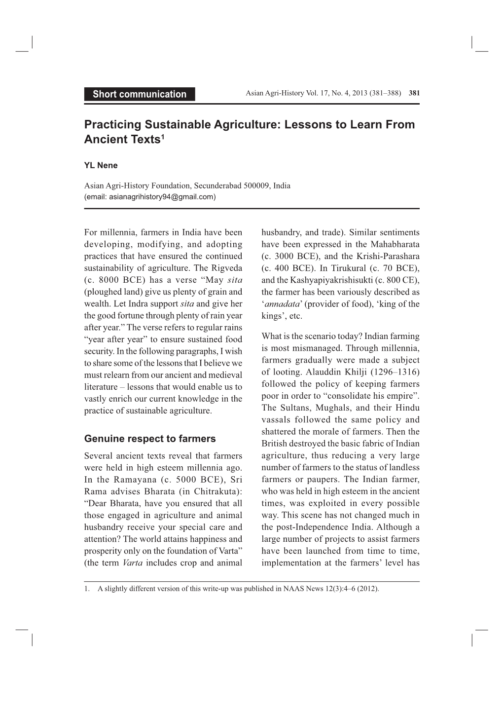 Practicing Sustainable Agriculture: Lessons to Learn from Ancient Texts1