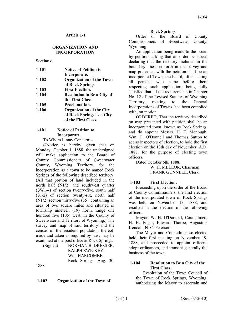 Article 1-1 ORGANIZATION and INCORPORATION Sections