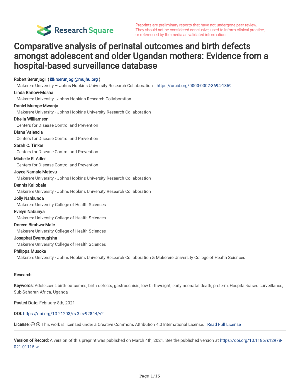 Comparative Analysis of Perinatal Outcomes and Birth Defects Amongst Adolescent and Older Ugandan Mothers: Evidence from a Hospital-Based Surveillance Database