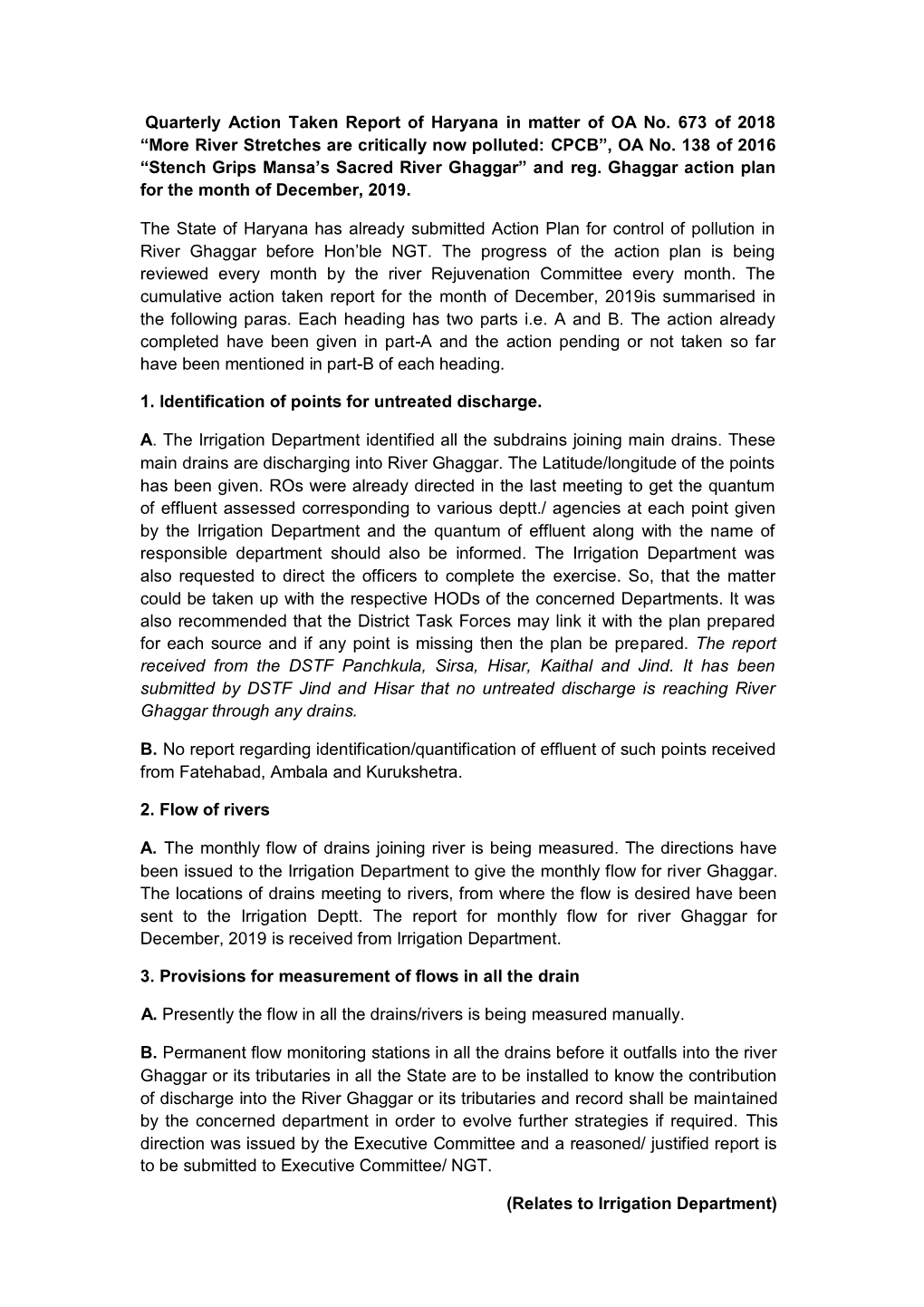 Quarterly Action Taken Report of Haryana in Matter of OA No. 673 of 2018 “More River Stretches Are Critically Now Polluted: CPCB”, OA No