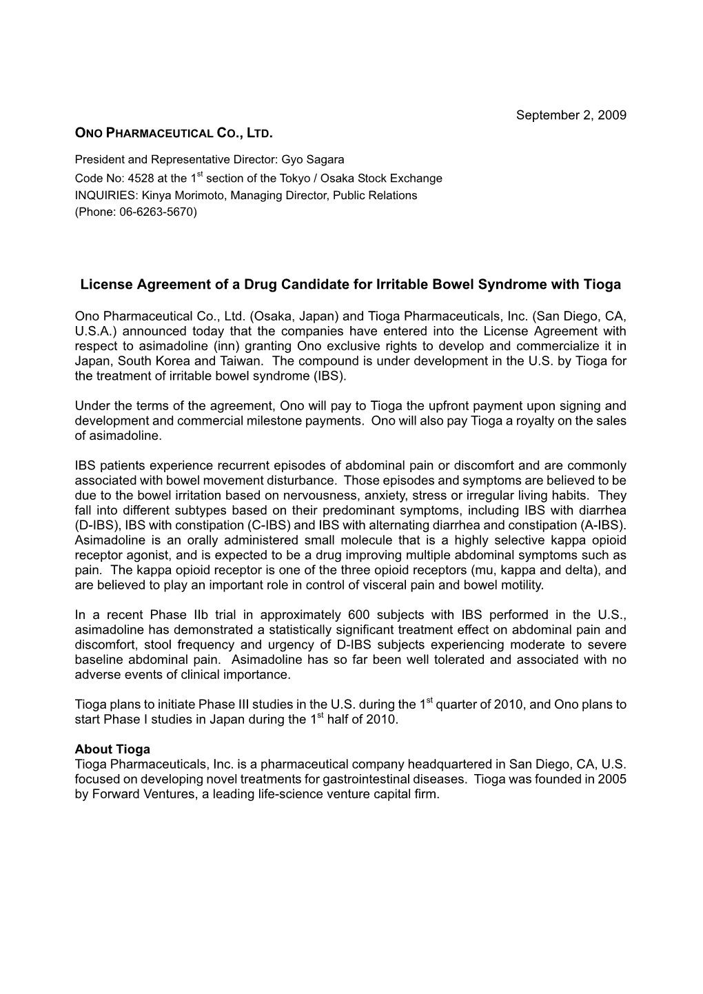 License Agreement of a Drug Candidate for Irritable Bowel Syndrome with Tioga