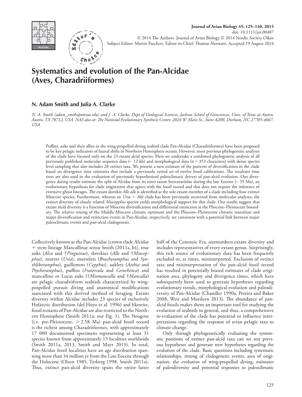 Systematics and Evolution of the Pan-Alcidae (Aves, Charadriiformes)