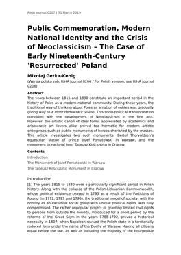 Public Commemoration, Modern National Identity and the Crisis of Neoclassicism – the Case of Early Nineteenth-Century 'Resurrected' Poland