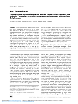 Loss of Habitat Through Inundation and the Conservation Status of Two Endemic Tasmanian Syncarid Crustaceans: Allanaspides Hickmani and A