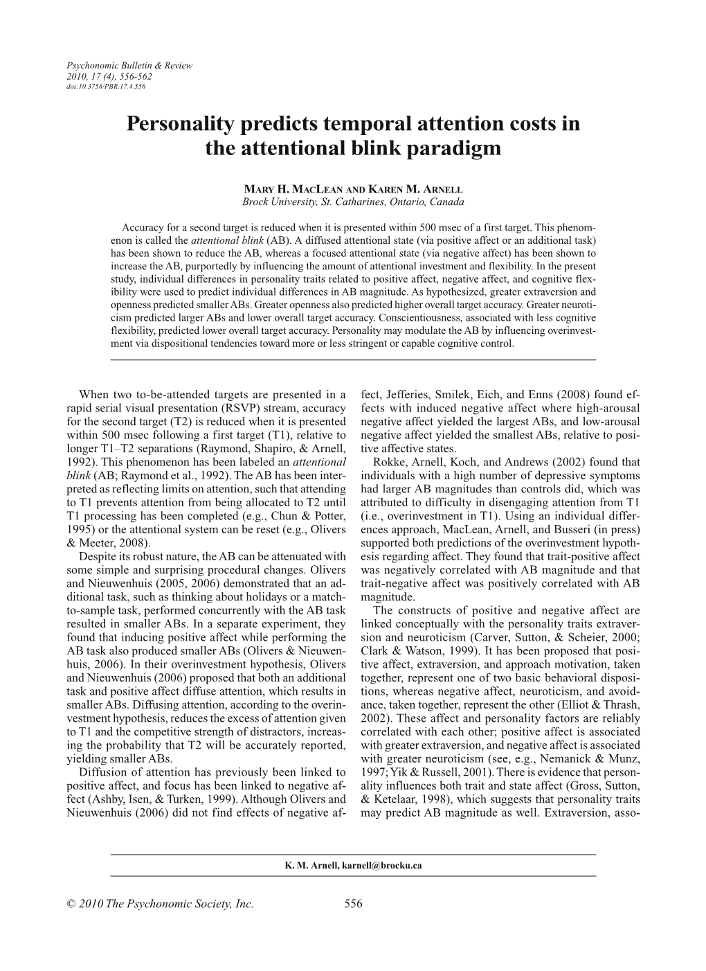 Personality Predicts Temporal Attention Costs in the Attentional Blink Paradigm