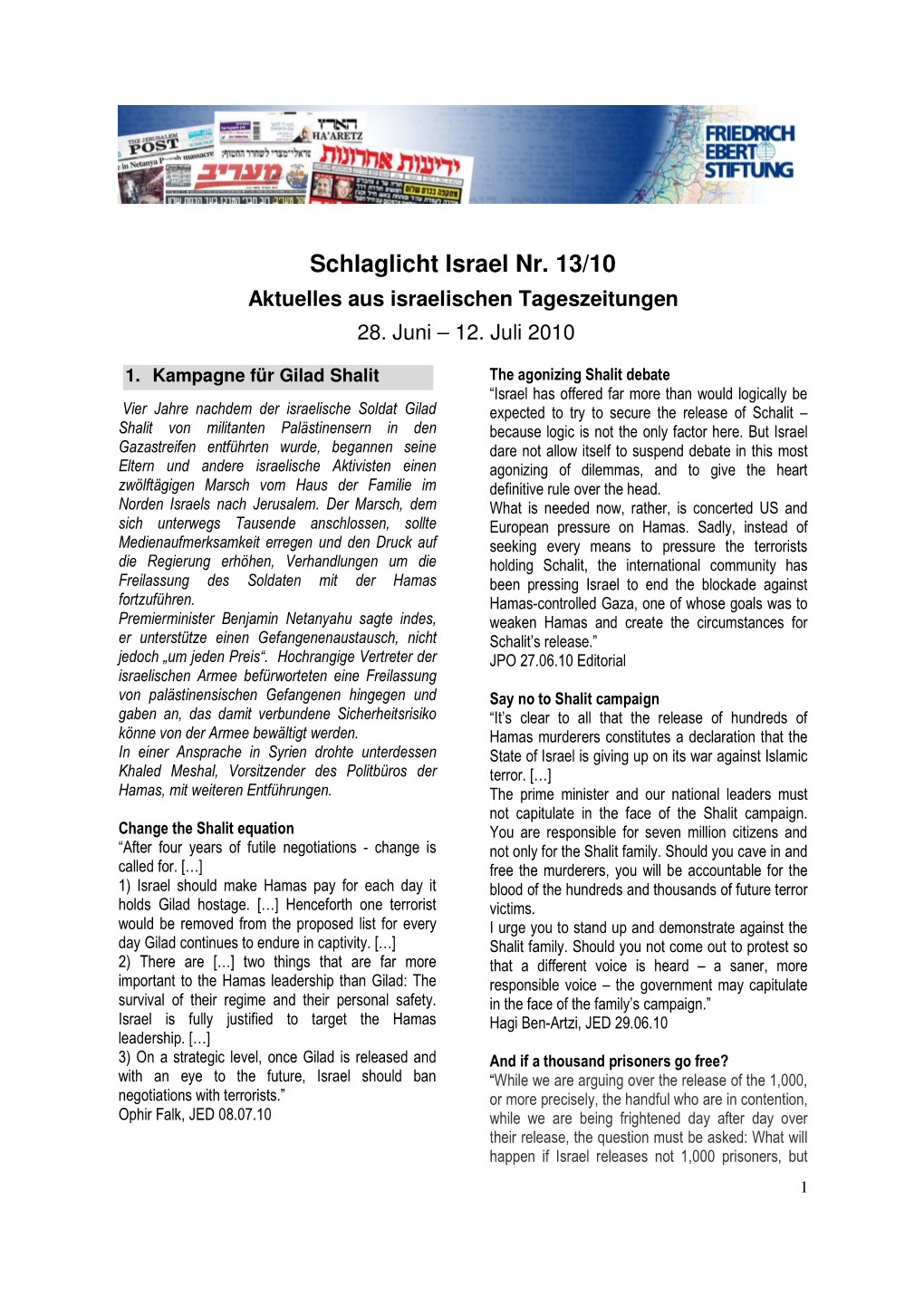 Schlaglicht Israel Nr. 13/10 Aktuelles Aus Israelischen Tageszeitungen 28