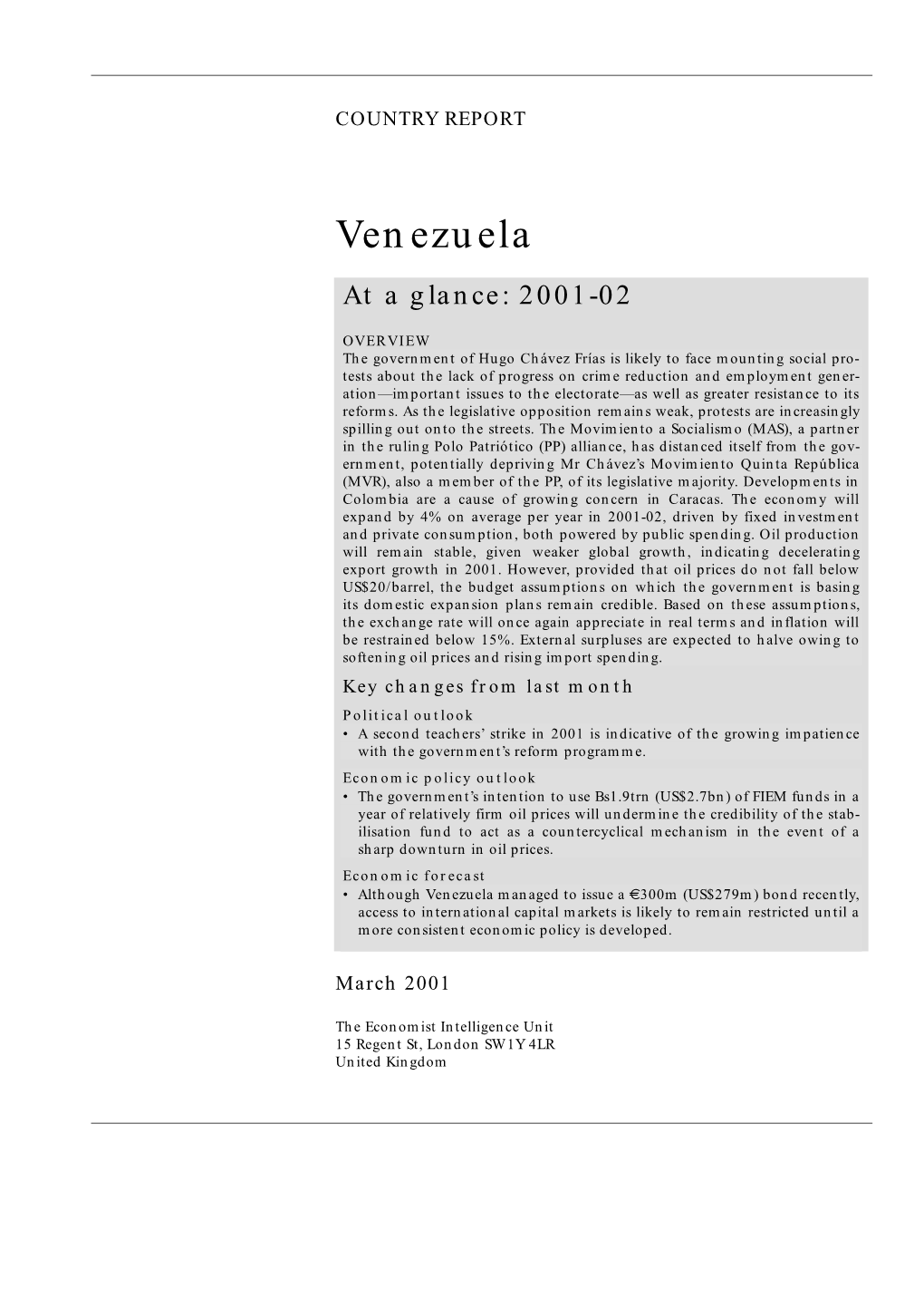 Venezuela at a Glance: 2001-02