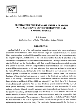 Freshwater Fish Fauna of Andhra Pradesh with Comments on the Threatened and Endemic Species