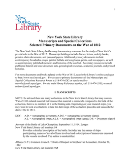 New York State Library Manuscripts and Special Collections Selected Primary Documents on the War of 1812