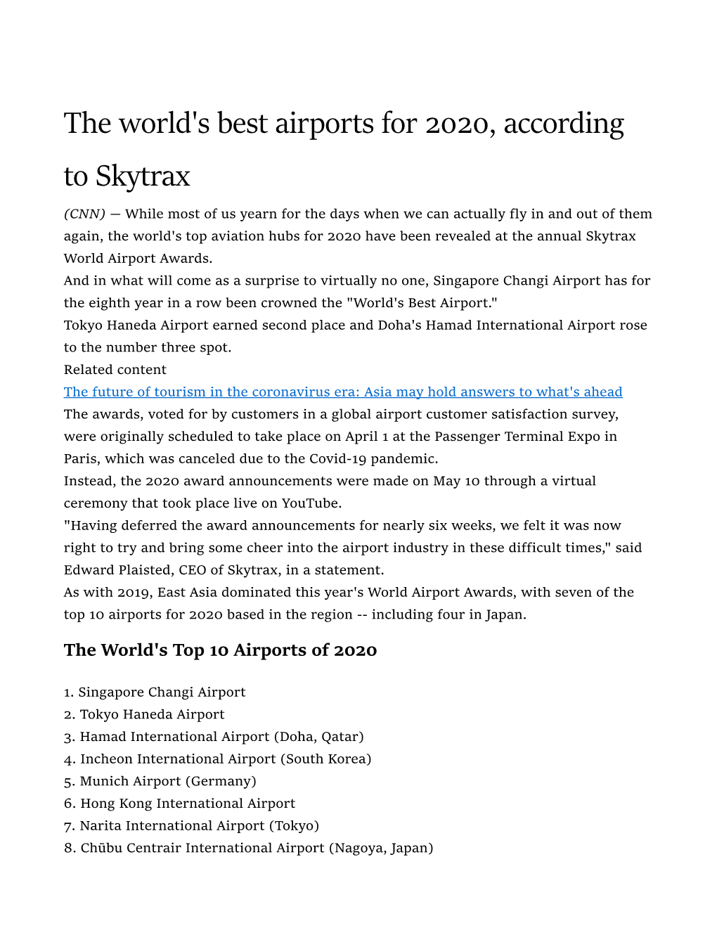 The World's Best Airports for 2020, According to Skytrax |