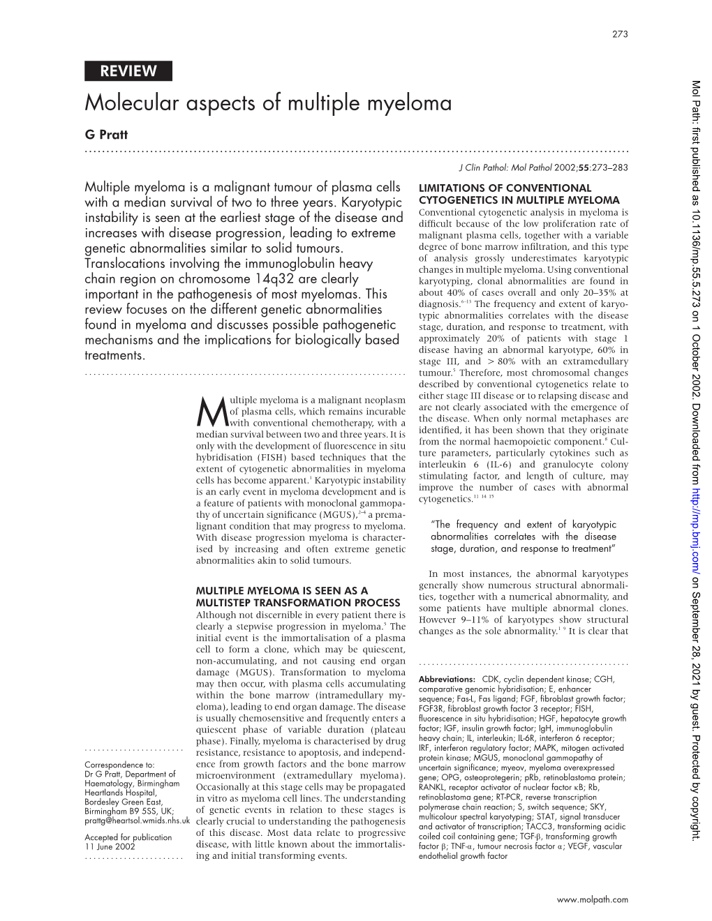 Molecular Aspects of Multiple Myeloma G Pratt