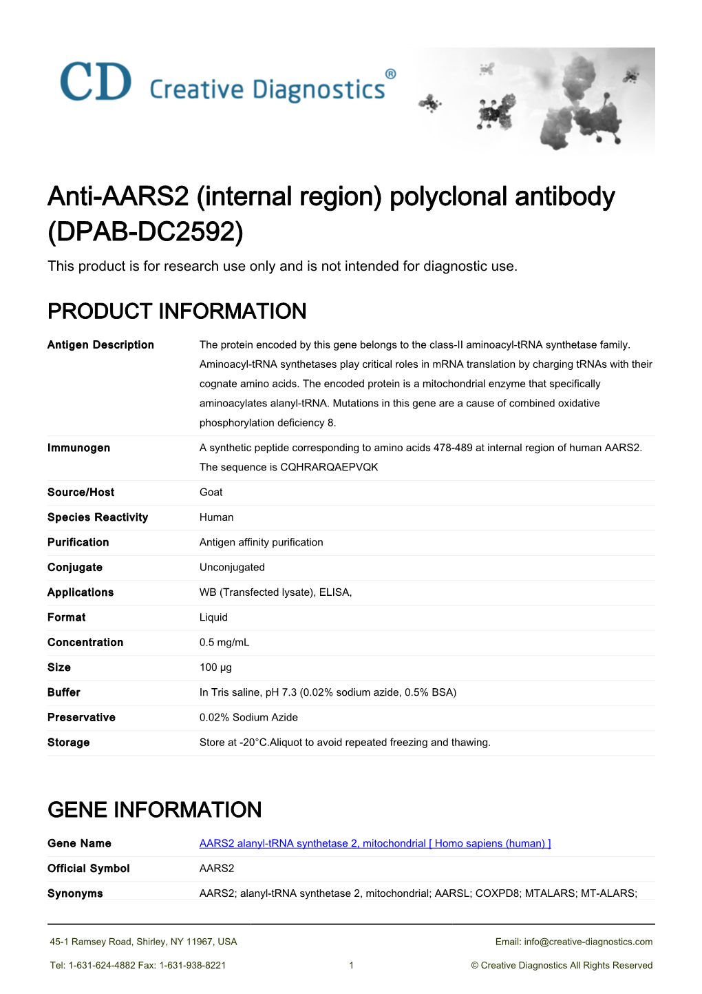 Anti-AARS2 (Internal Region) Polyclonal Antibody (DPAB-DC2592) This Product Is for Research Use Only and Is Not Intended for Diagnostic Use