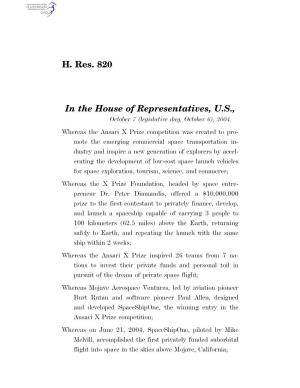 H. Res. 820 in the House of Representatives, U.S