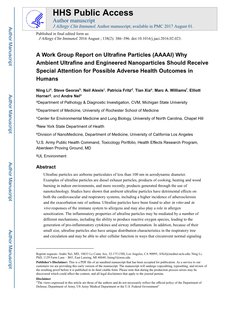 A Work Group Report on Ultrafine Particles (AAAAI) Why Ambient Ultrafine and Engineered Nanoparticles Should Receive Special