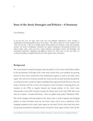 State of the Arctic Strategies and Policies – a Summary