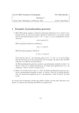Lecture 7 1 Examples of Pseudorandom Generator