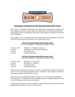 Participants Announced for 2021 Raymond James HOF Classic