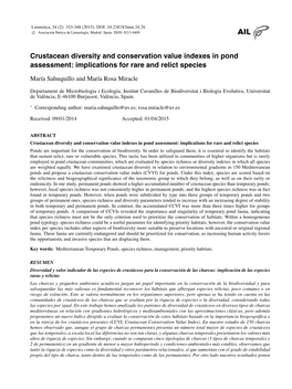 Crustacean Diversity and Conservation Value Indexes in Pond Assessment: Implications for Rare and Relict Species