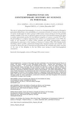Perspectives on Contemporary History of Science in Portugal”, Preprint CHCUL, N