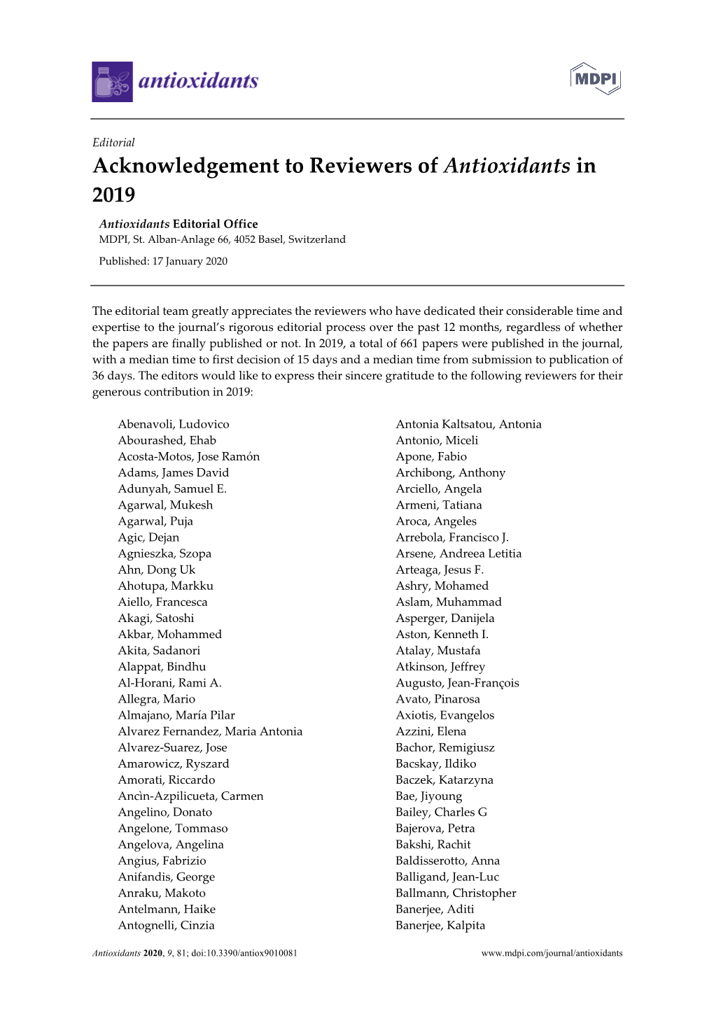 Acknowledgement to Reviewers of Antioxidants in 2019 Antioxidants Editorial Office MDPI, St