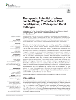 Therapeutic Potential of a New Jumbo Phage That Infects Vibrio Coralliilyticus, a Widespread Coral Pathogen