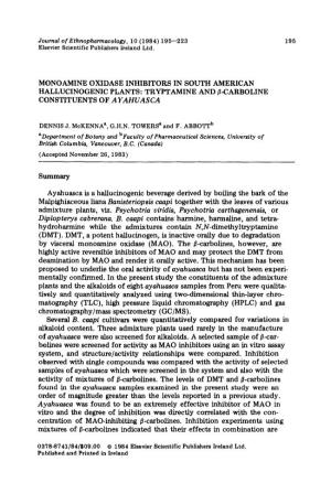 Monoamine Oxidase Inhibitors in South American Hallucinogenic Plants: Tryptamine and P-Carboline Constituents of a Yahuasca