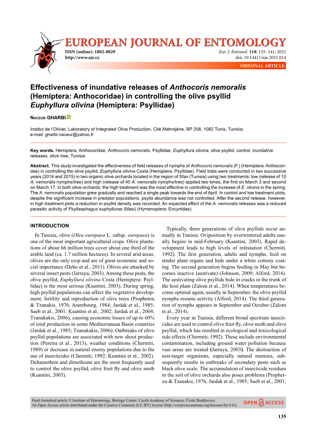 Effectiveness of Inundative Releases of Anthocoris Nemoralis (Hemiptera: Anthocoridae) in Controlling the Olive Psyllid Euphyllura Olivina (Hemiptera: Psyllidae)