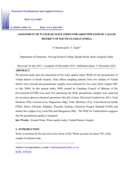 Assessment of Water Quality Index for Groundwater of Valsad District of South Gujarat (India)