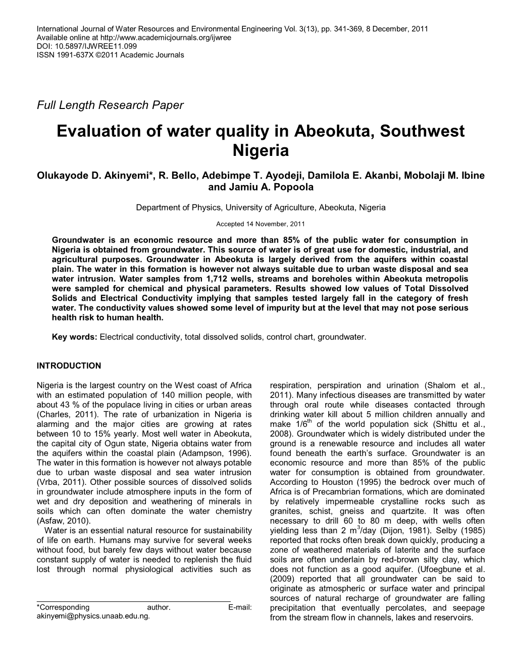 Statistical Evaluation of Water Quality in Abeokuta, Southwest Nigeria