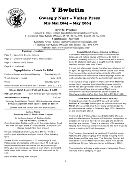 Y Bwletin Gwasg Y Nant – Valley Press Mis Mai 2004 – May 2004