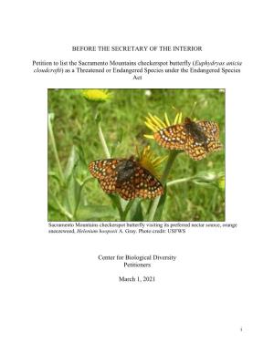 Sacramento Mountains Checkerspot Butterfly (Euphydryas Anicia Cloudcrofti) As a Threatened Or Endangered Species Under the Endangered Species Act