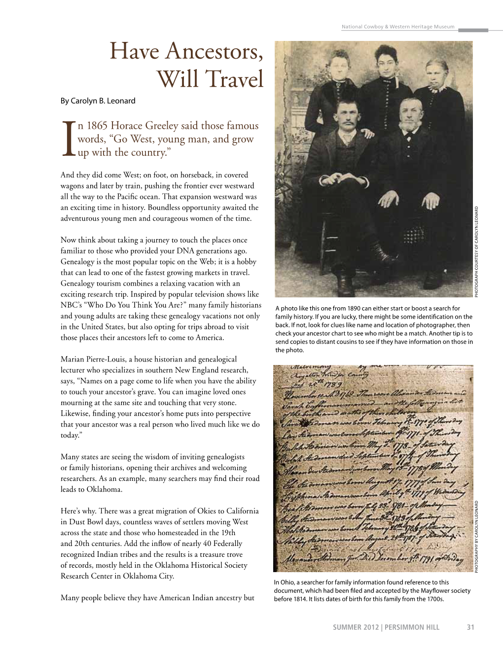 Persimmon Hill Genealogy Vacation Article