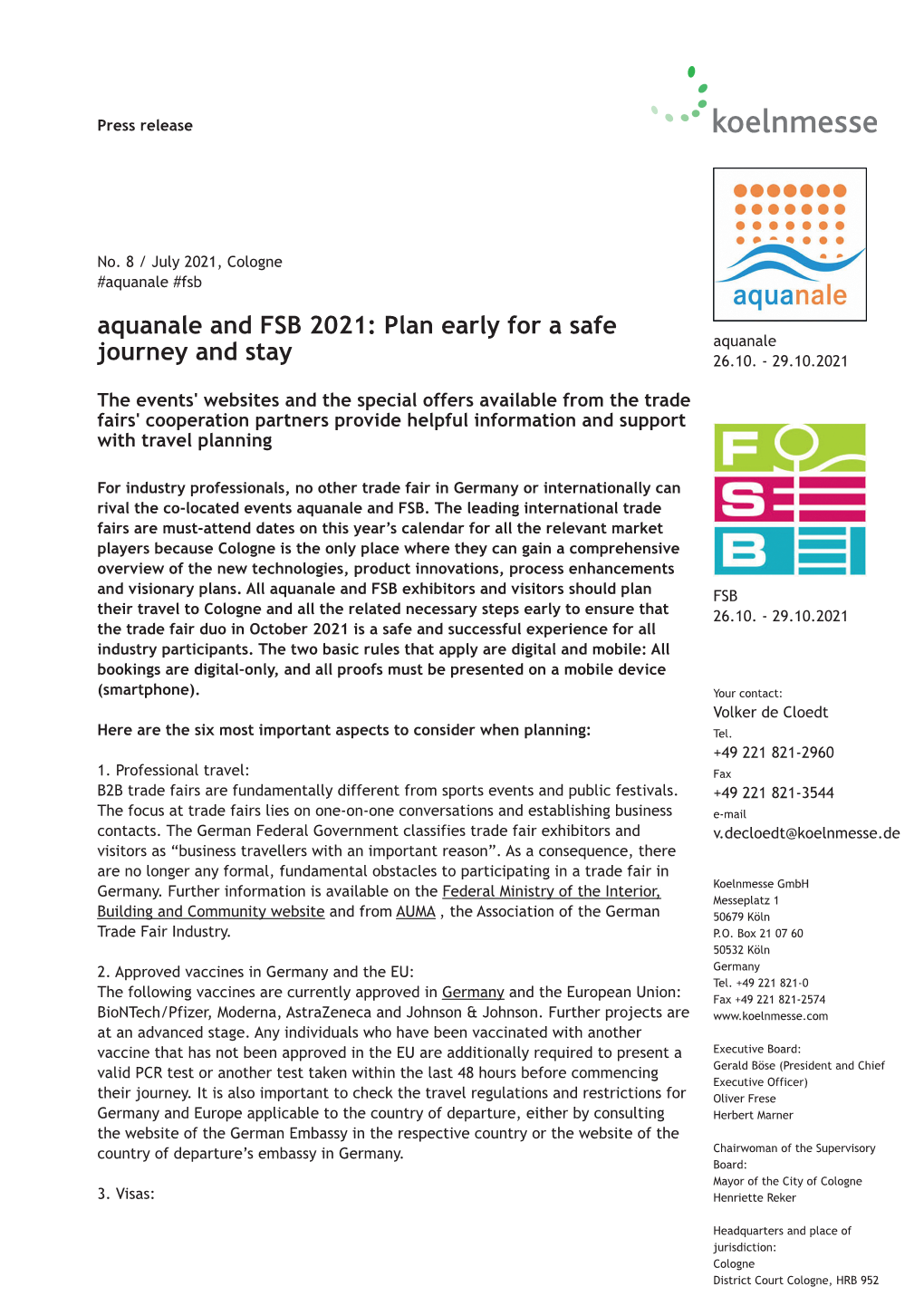 Aquanale and FSB 2021: Plan Early for a Safe Journey and Stay