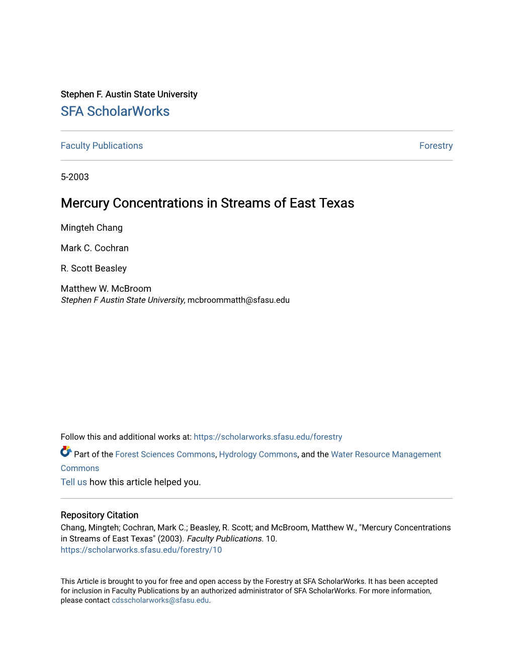 Mercury Concentrations in Streams of East Texas