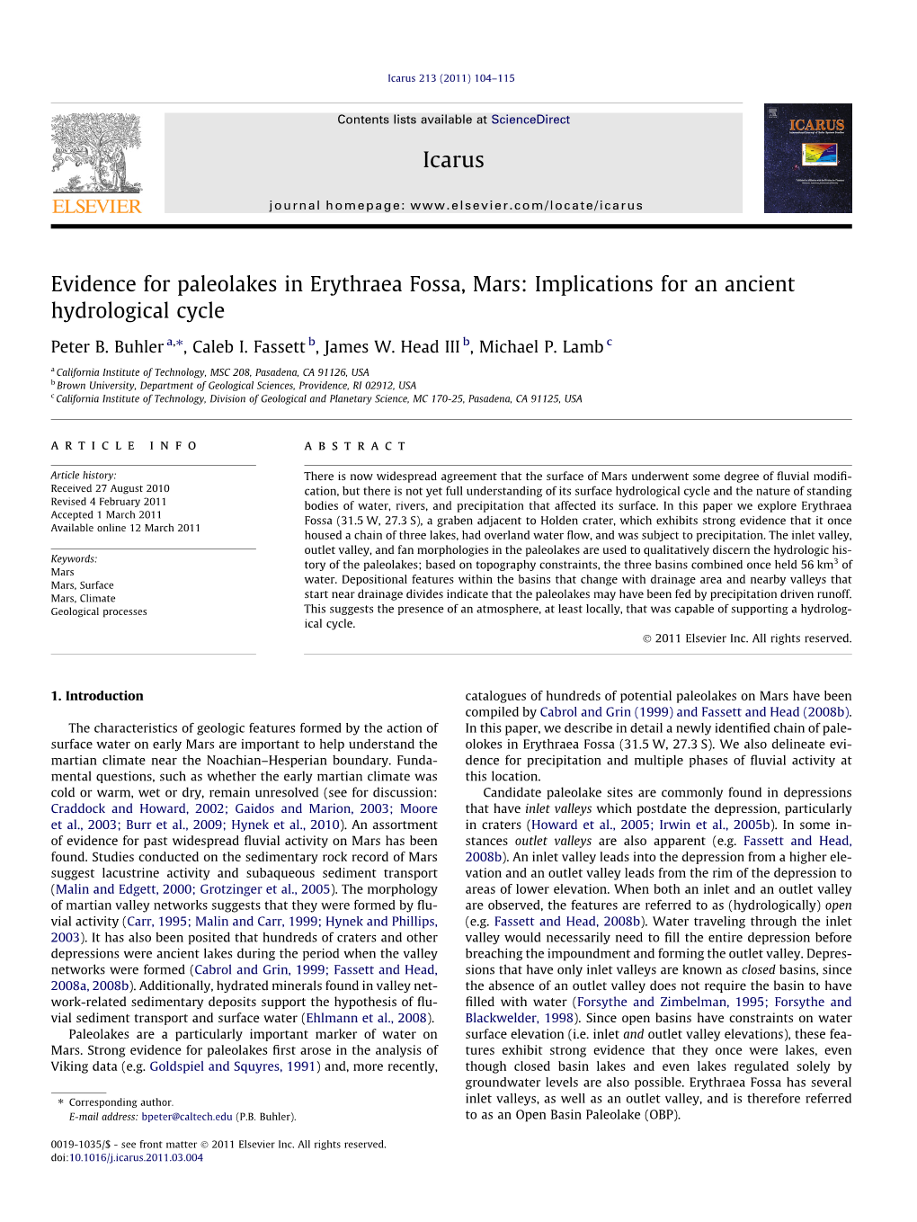 Evidence for Paleolakes in Erythraea Fossa, Mars: Implications for an Ancient Hydrological Cycle ⇑ Peter B