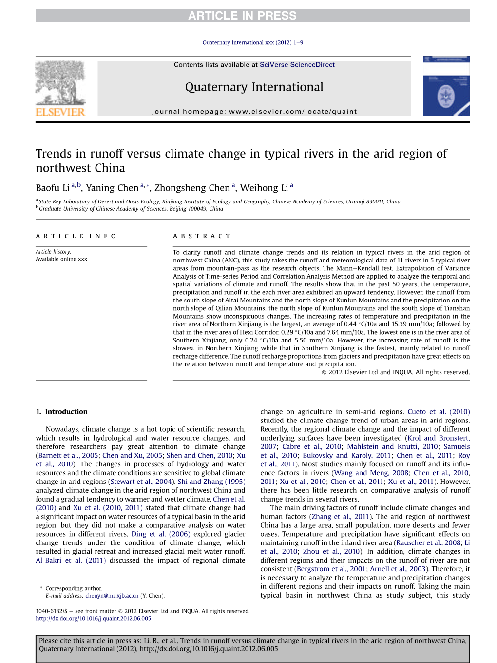 Trends in Runoff Versus Climate Change in Typical Rivers in the Arid Region of Northwest China