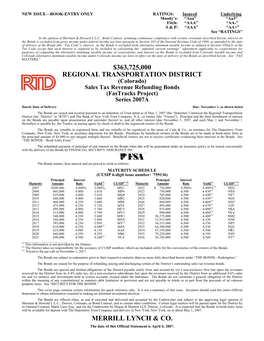 Series 2007A Fastracks Sales Tax Revenue Refunding Bonds