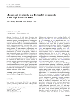 Change and Continuity in a Pastoralist Community in the High Peruvian Andes