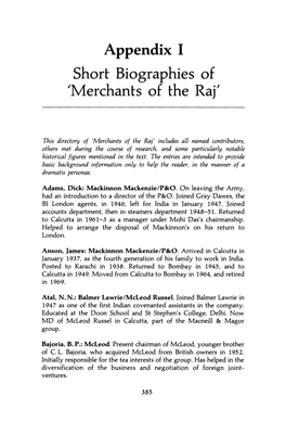 Appendix I Short Biographies of 'Merchants of the Raj'