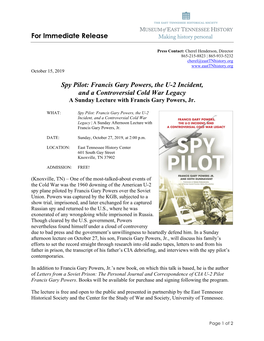 Francis Gary Powers, the U-2 Incident, and a Controversial Cold War Legacy a Sunday Lecture with Francis Gary Powers, Jr