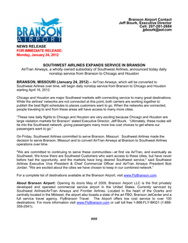 Branson Airport Contact Jeff Bourk, Executive Director Cell: 207-281-2684 Jpbourk@Aol.Com