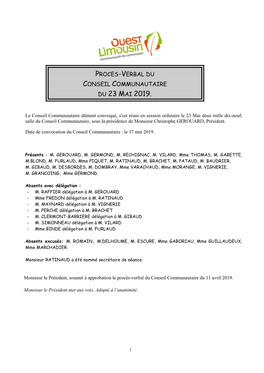Proces-Verbal Du Conseil Communautaire Du 23 Mai 2019