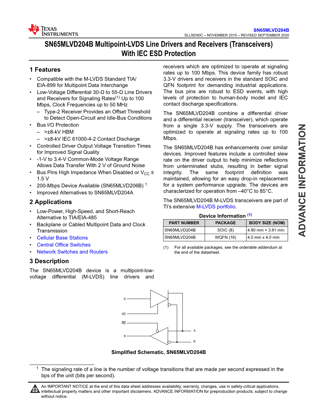 SN65MLVD204B Multipoint-LVDS Line Drivers and Receivers (Transceivers) with IEC ESD Protection