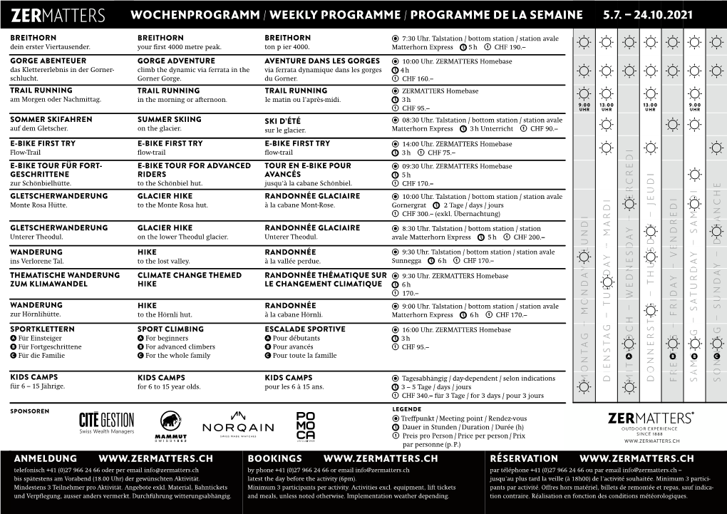 Wochenprogramm / Weekly Programme / Programme De La Semaine 5.7. – 24.10.2021