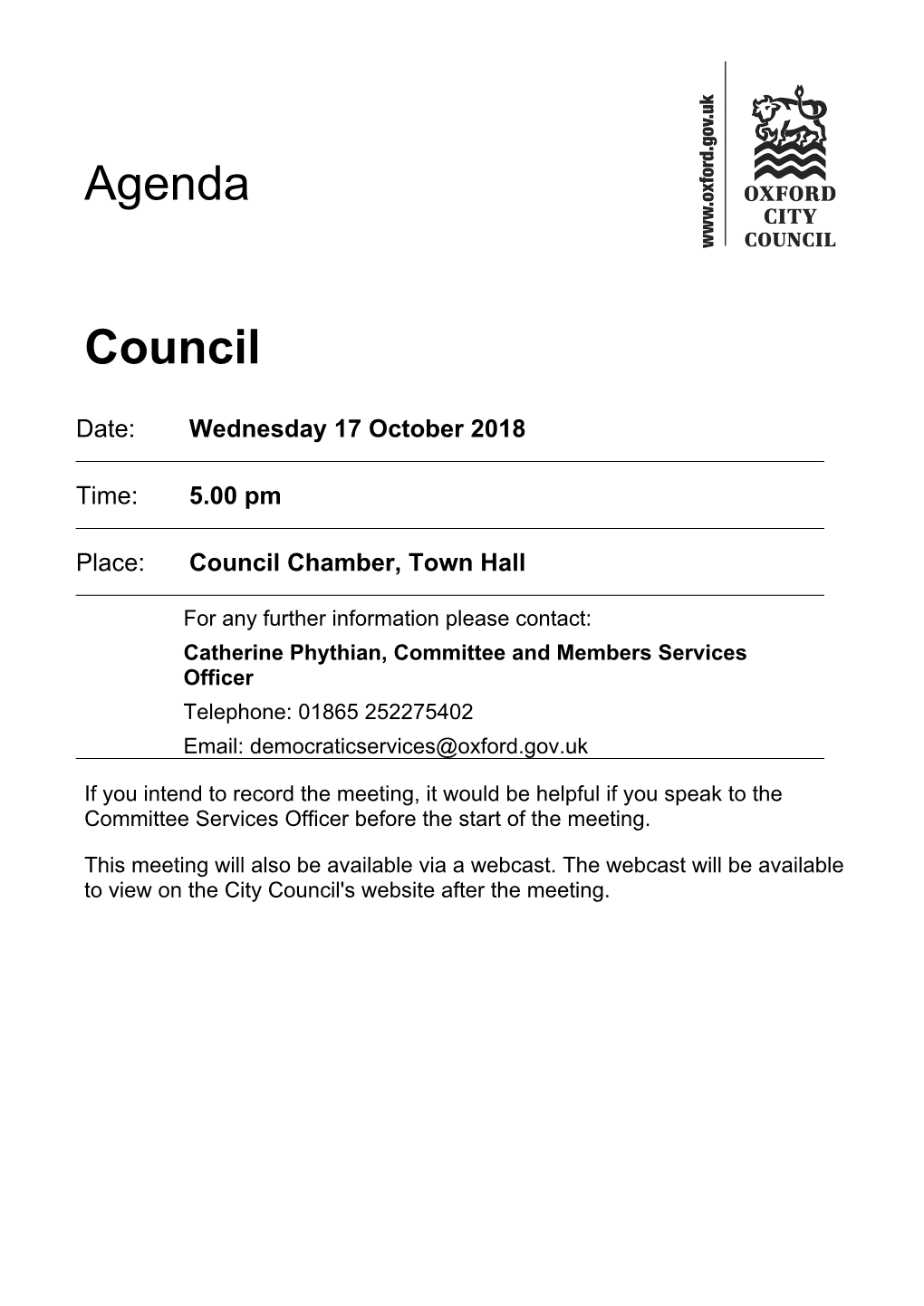 (Public Pack)Agenda Document for Council, 17/10/2018 17:00